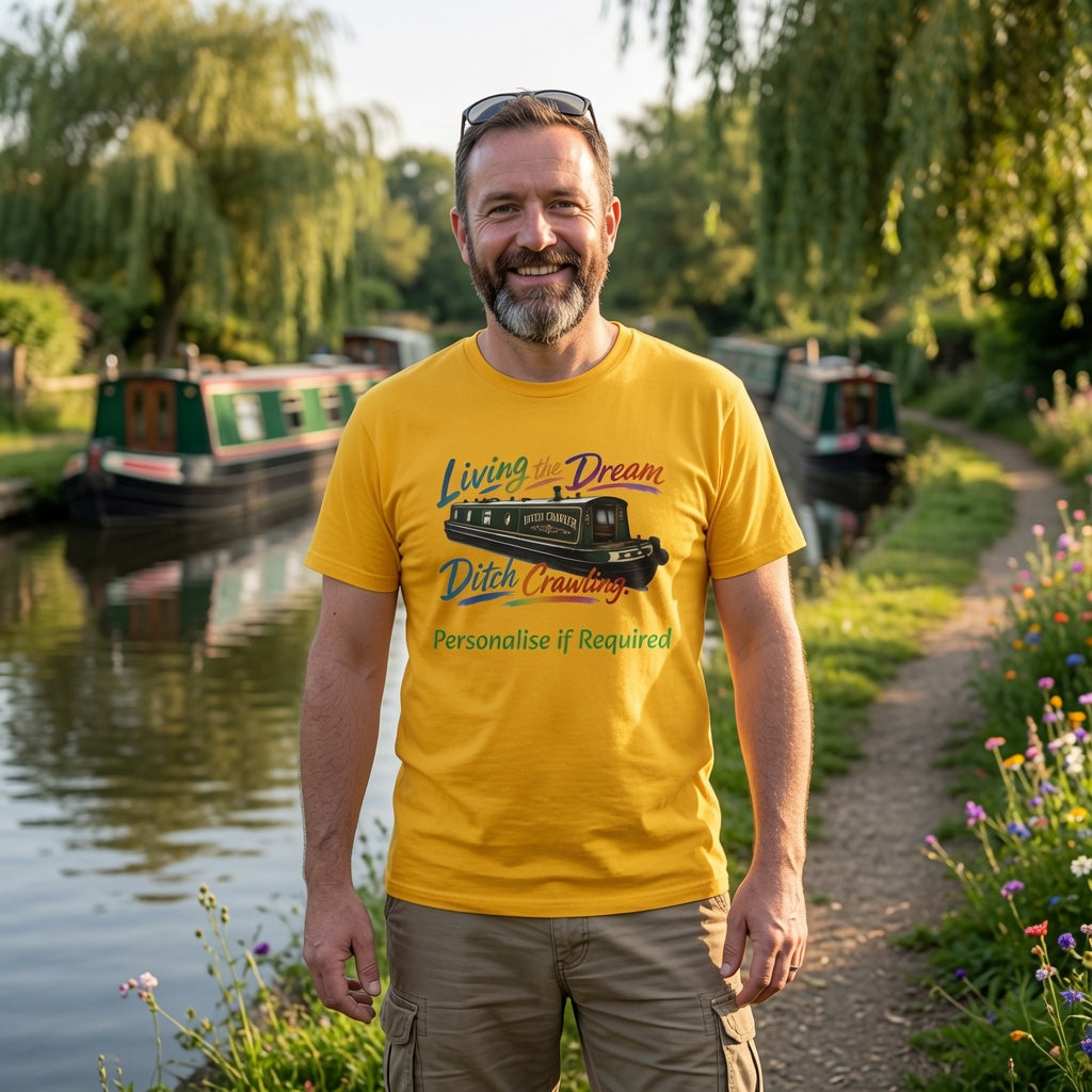 A smiling man standing outdoors by a canal wearing a bright yellow graphic T-shirt with a canal boat illustration and the text 'Living Dream Ditch Cruising' and 'Personalise if required'.