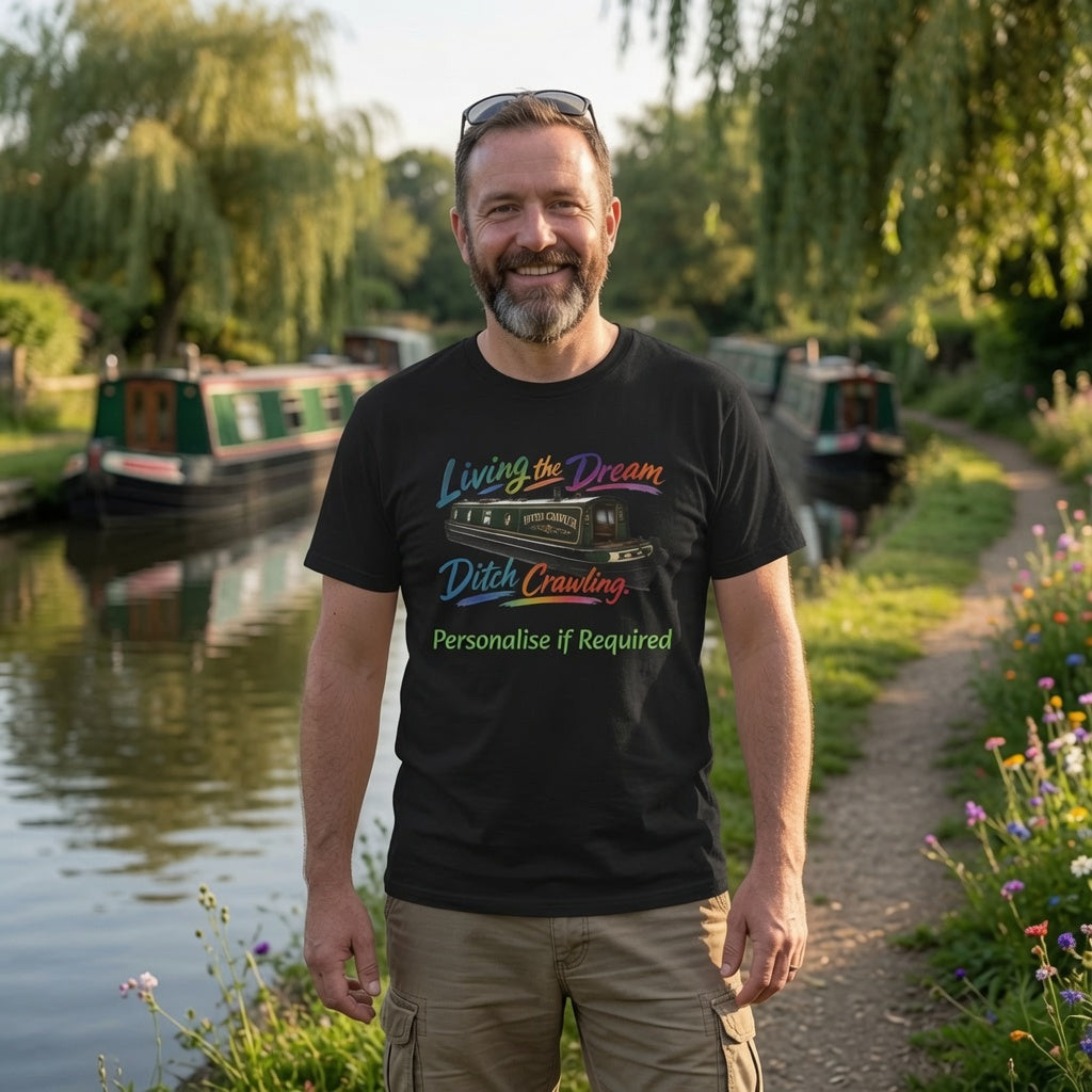 A man standing outdoors by a canal wearing a black graphic T-shirt with canal boat image with colourful text reading 'Living the Dream Ditch Crawling' and 'Personalise if required.'.