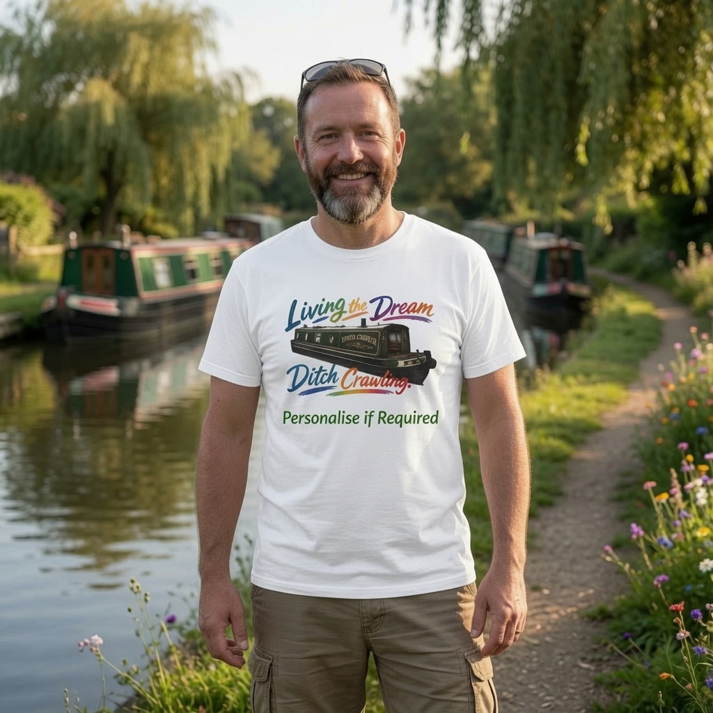 A man wearing a white graphic t-shirt stands on a path next to a canal with narrowboats and green trees in the background. The t-shirt features a colorful graphic of a canal boat and the text 'Living is Dream Ditch Crawling' and 'Personalise if required'.