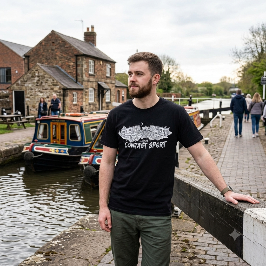 Man wearing a funny black t-shirt with text It's a contact spot standing by a canal with boats and a building in the background.