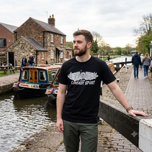 Man wearing a funny black t-shirt with text It's a contact spot standing by a canal with boats and a building in the background.