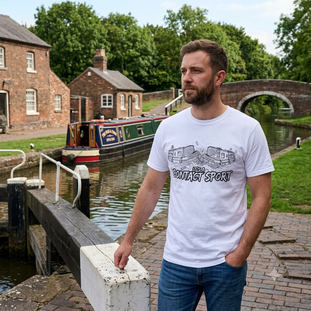 Man wearing a white t-shirt with a funny Narrow boat graphic design with text it's a contact sport standing by a canal with boats and brick buildings.