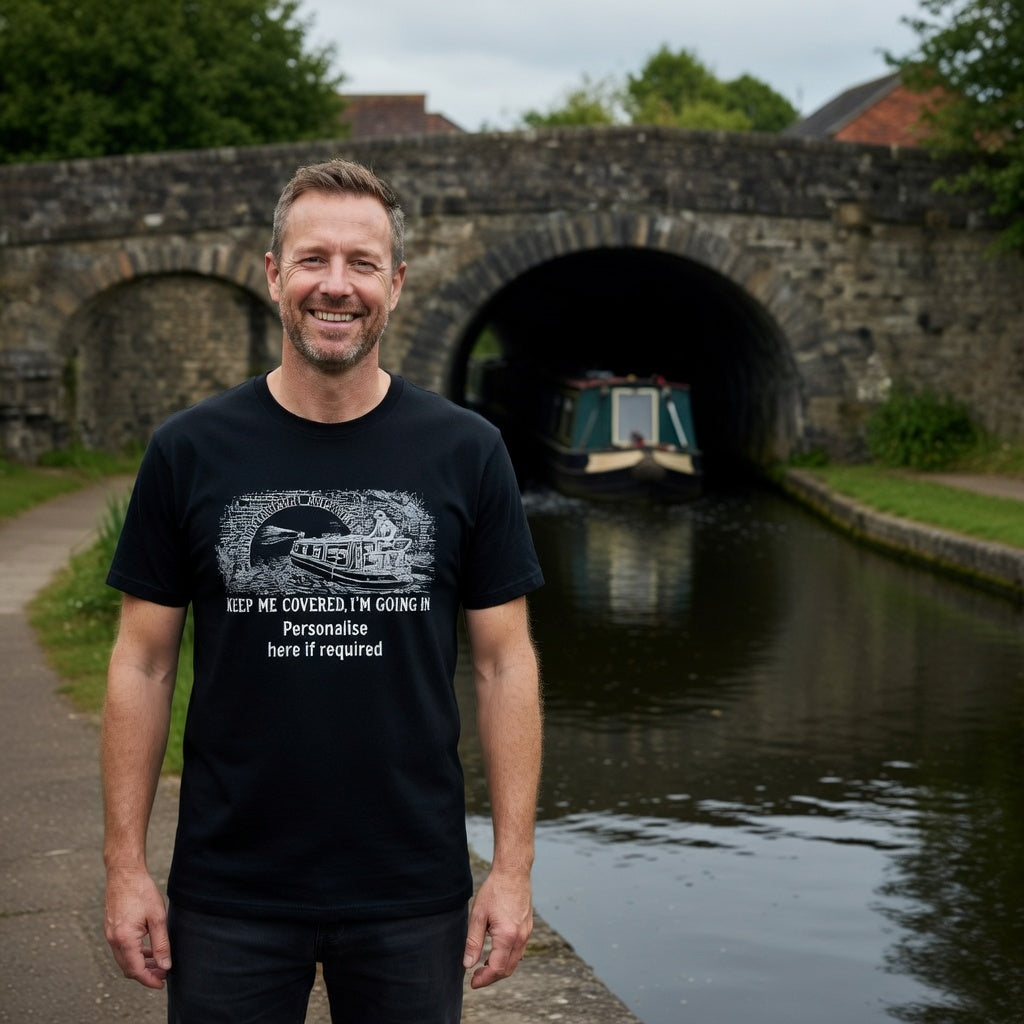 Man wearing a black t-shirt with a graphic design keep me covered I'm going in canal boat Tunnel HUMOUR GRAPHIC , standing by a canal with a boat and stone tunnel archway in the background.