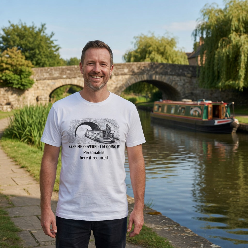 White T SHIRT graphic design and keep me covered I'm going in canal BOAT HUMOUR GRAPHIC , standing by a canal with a boat and stone archway in the background.