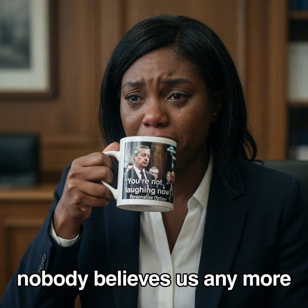 Kemi Badenoch holding a Nigel Farage mug with text, "your not laughing now