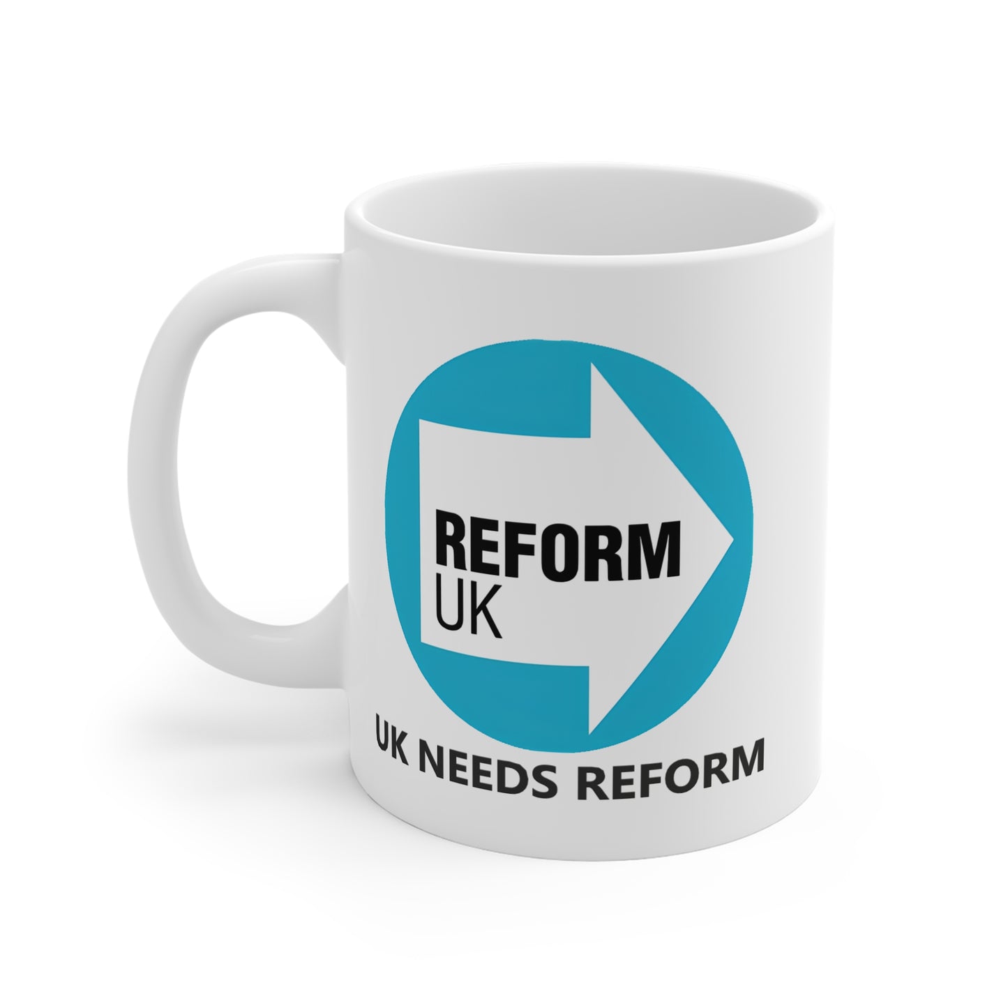 White COFFEE  mug with 'REFORM UK' logo and text UK needs reform on a white background
