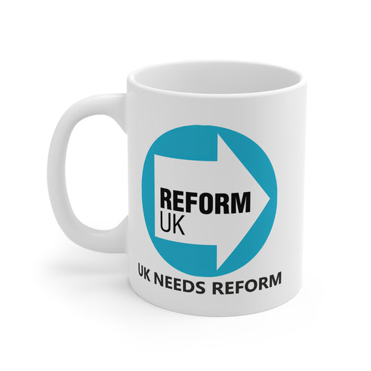White COFFEE  mug with 'REFORM UK' logo and text UK needs reform on a white background