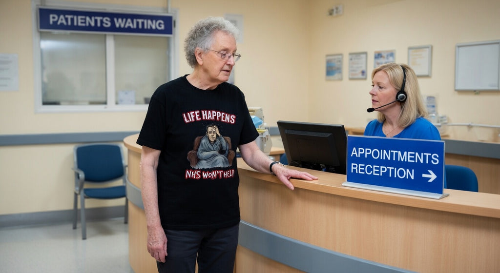 Person in a DOCTORS SURGERY waiting area with a receptionist at the counter. WEARING A BLACK T SHIRT WITH  GRAPHIC LIFE HAPPENS NHS WON'T HELP 