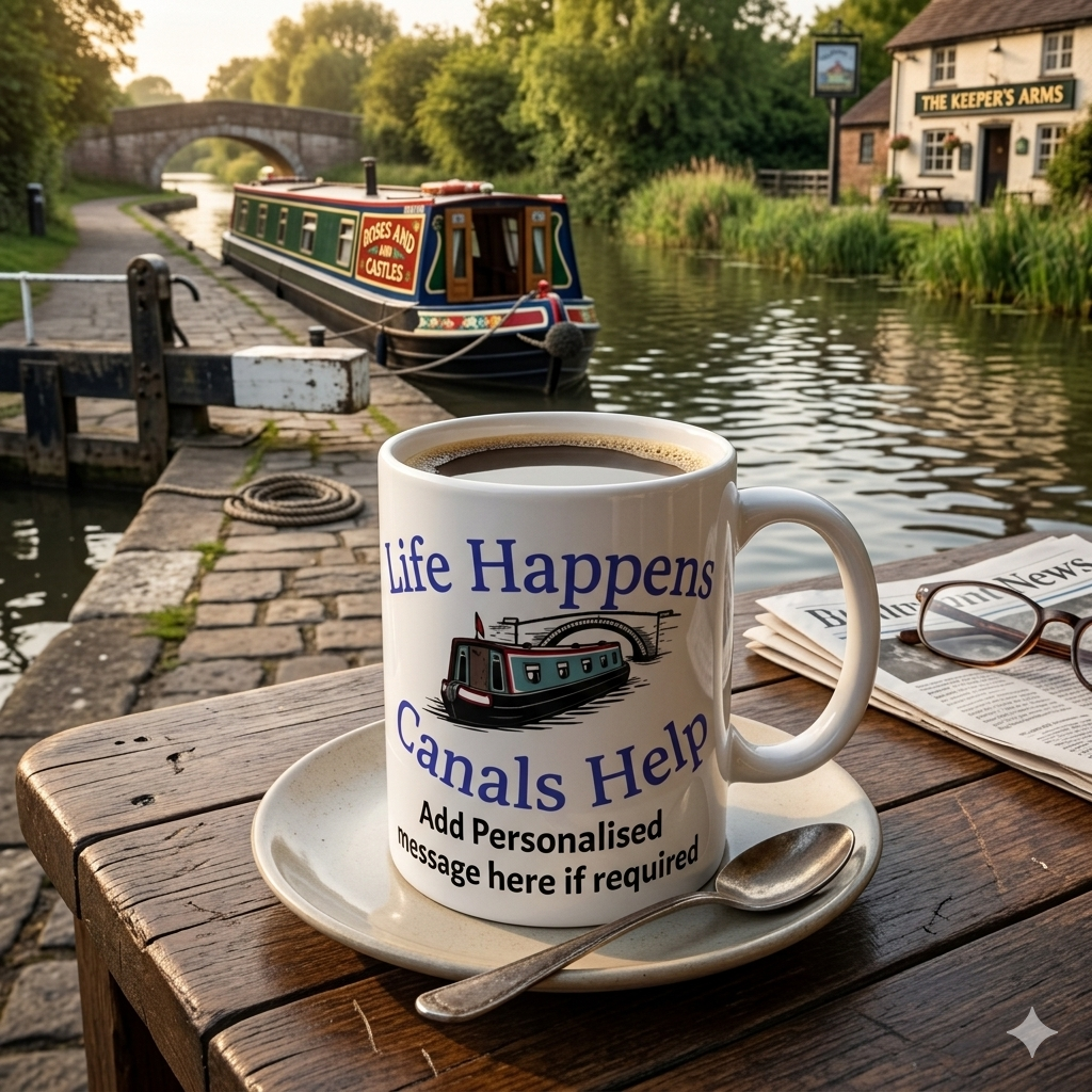 Cup of coffee with 'Life Happens Canals Help' text on a canal side scene.
