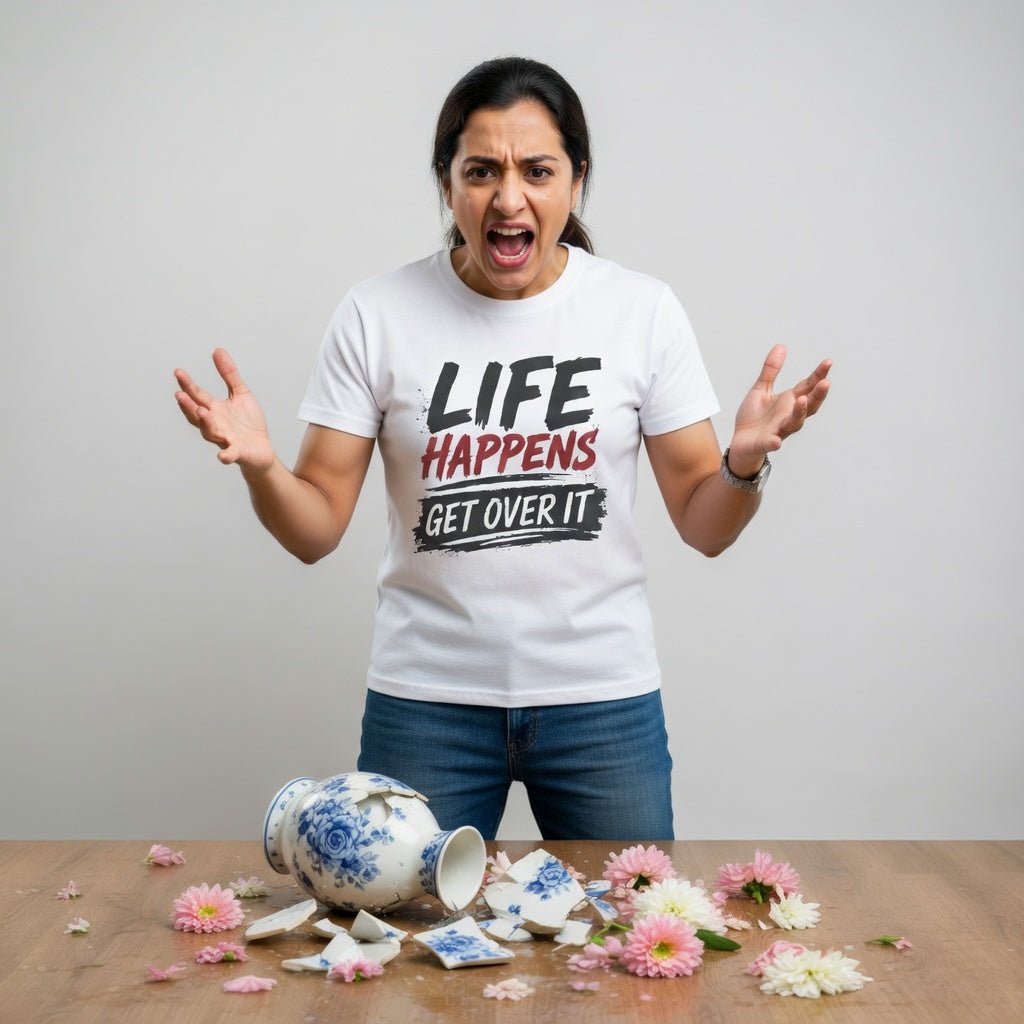Person wearing a t-shirt with 'Life Happens, Get Over It' text amidst a scattered vase and flowers on a table.