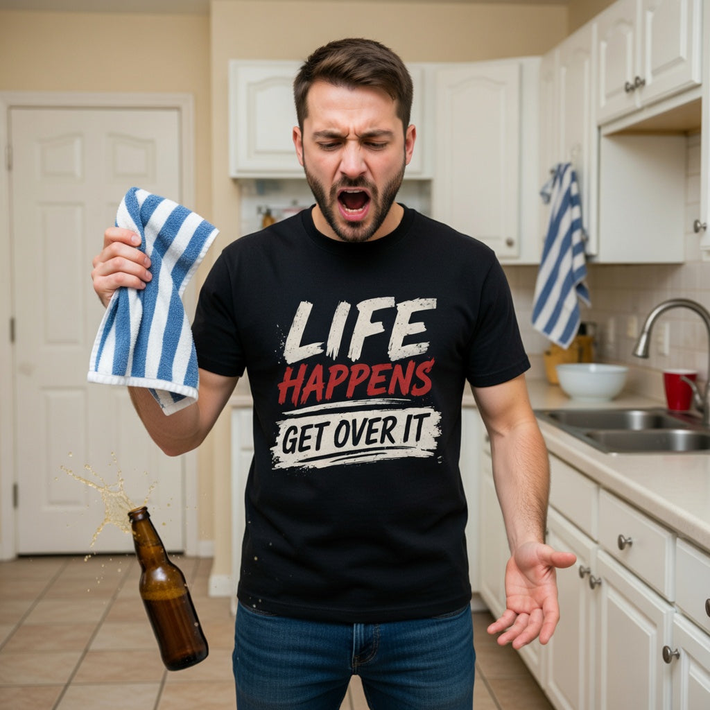 Man in a kitchen wearing a t-shirt with 'Life Happens, Get Over It' text, holding a towel and looking frustrated. Dropped his beer