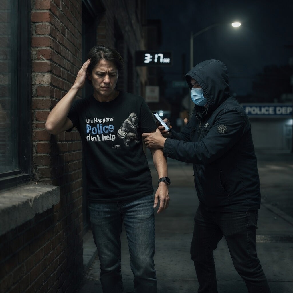 Man being mugged wearing a black t shirt life happens police don't help  graphic