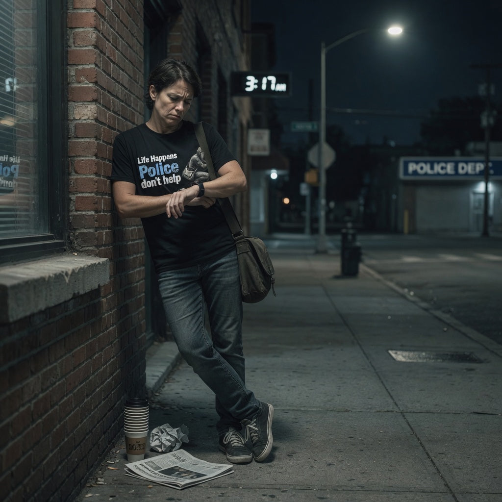 Person leaning against a brick wall on a city street at night, wearing a  black t-shirt with a message. Life happens police don't help 