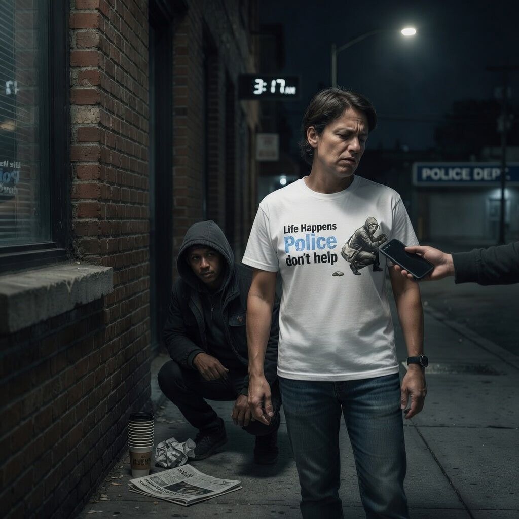 Man in a white t-shirt with a protest message  life happens police don't help standing on a street corner at night.