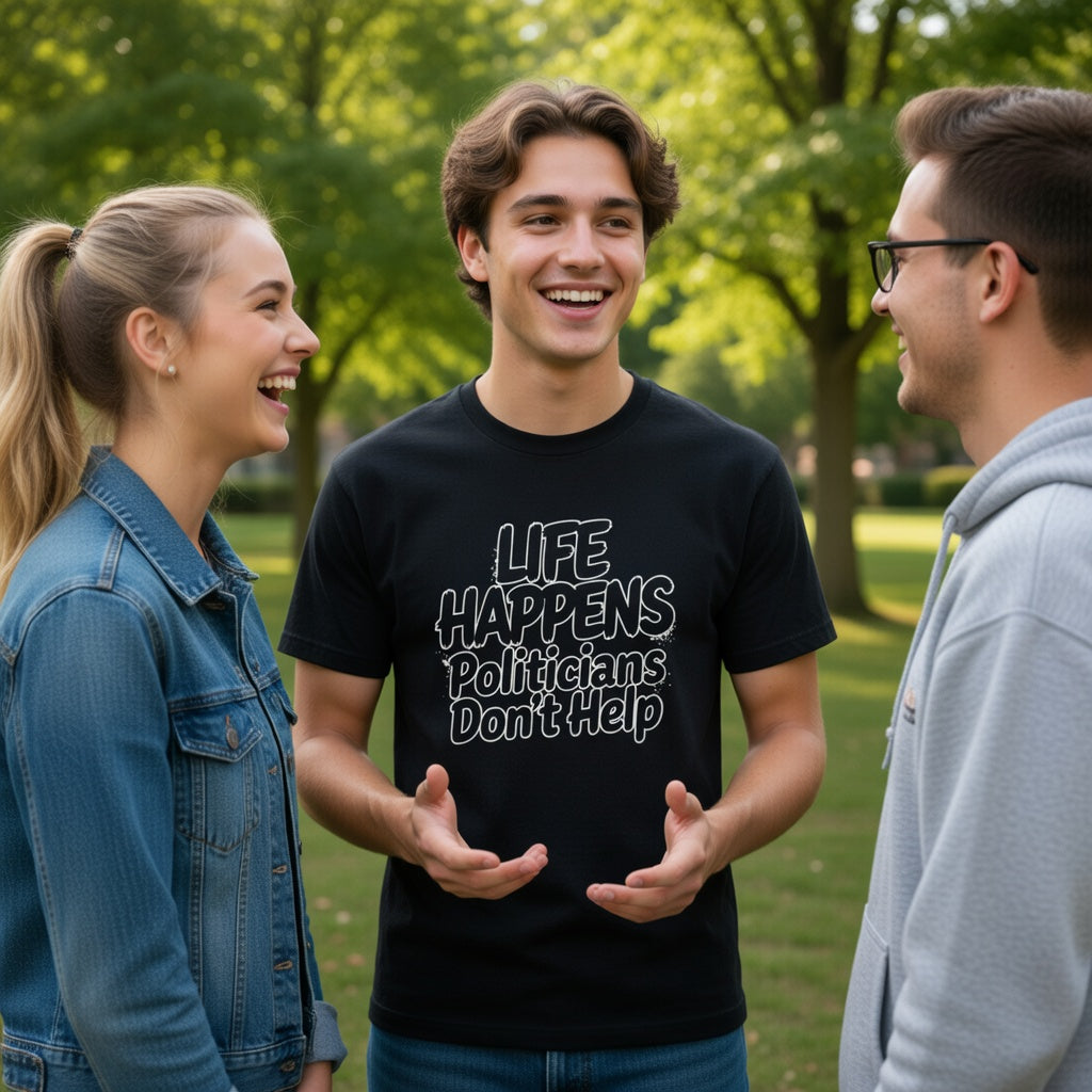 Three people standing outdoors in a park, with one person wearing a black t-shirt with text. Life happens politicians don't help 
