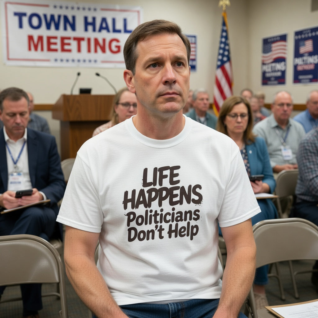 Man wearing a white t-shirt with 'Life Happens, Politicians Don't Help' at a town hall meeting.