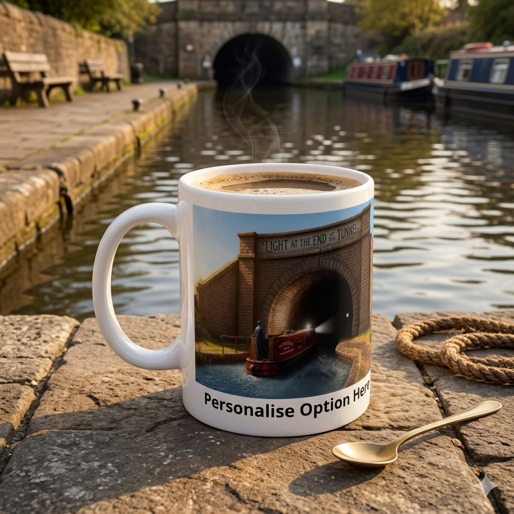 Mug with a scenic design of a tunnel and boat, placed on a stone surface by a canal.
