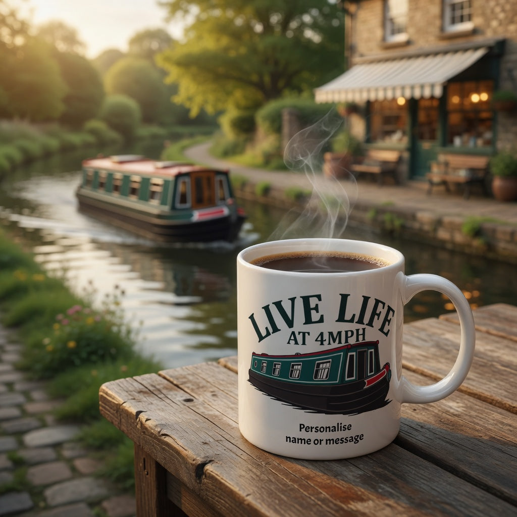 White mug with 'Live Life at 4mph' text and steam on a wooden table by a canal with a boat and building in the background.