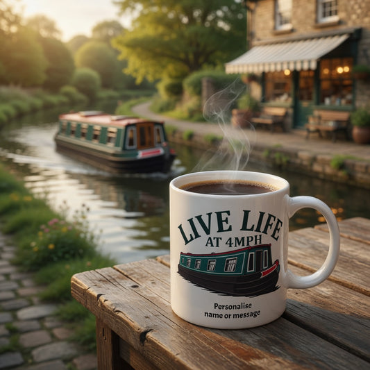 White mug with 'Live Life at 4mph' text and steam on a wooden table by a canal with a boat and building in the background.