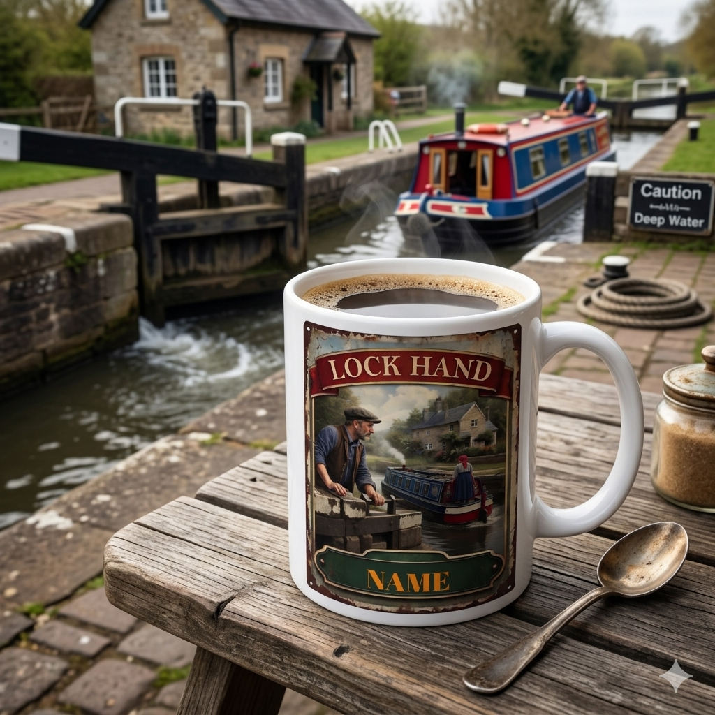 Personalised Lock Hand Canal Boat Mug with vintage distressed lockkeeper and narrow boat design" set on a canal lock side