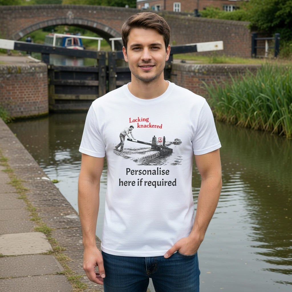 Man wearing a white CUSTOMISED  t-shirt with a printed design LOCKING KNACKERED by a canal.