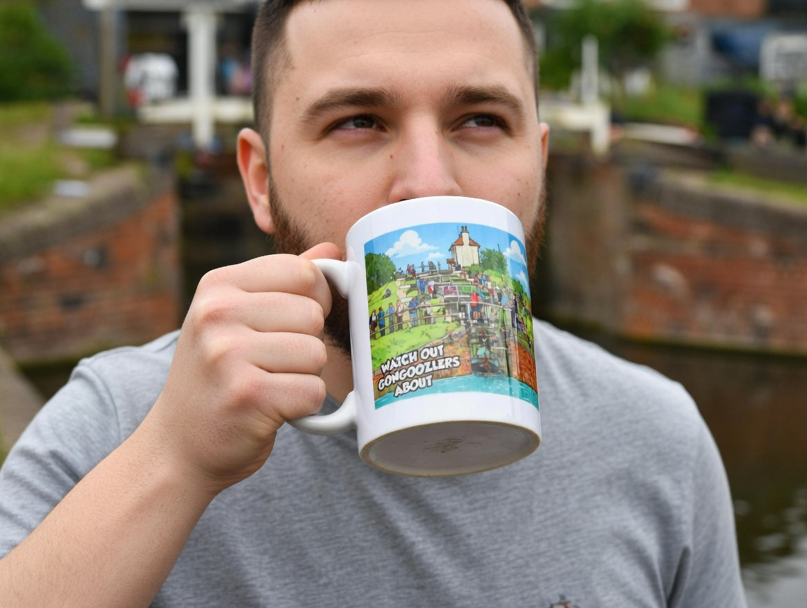 Mug — 'Watch Out Gongooolzers About' Canal Scene Cartoon Coffee Mug Printify