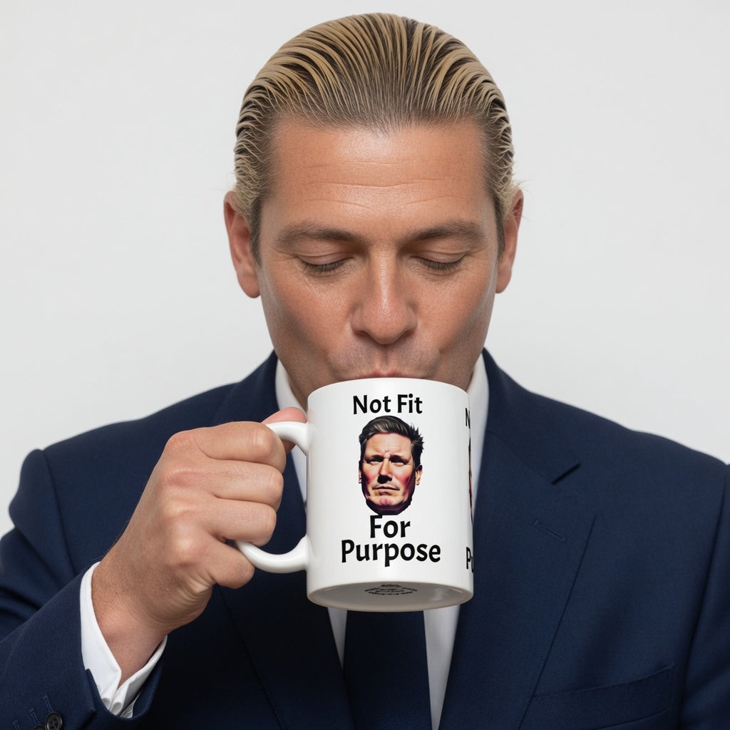  Man drinking from Coffee mug with kier Starmer face and graphic not fit for purpose