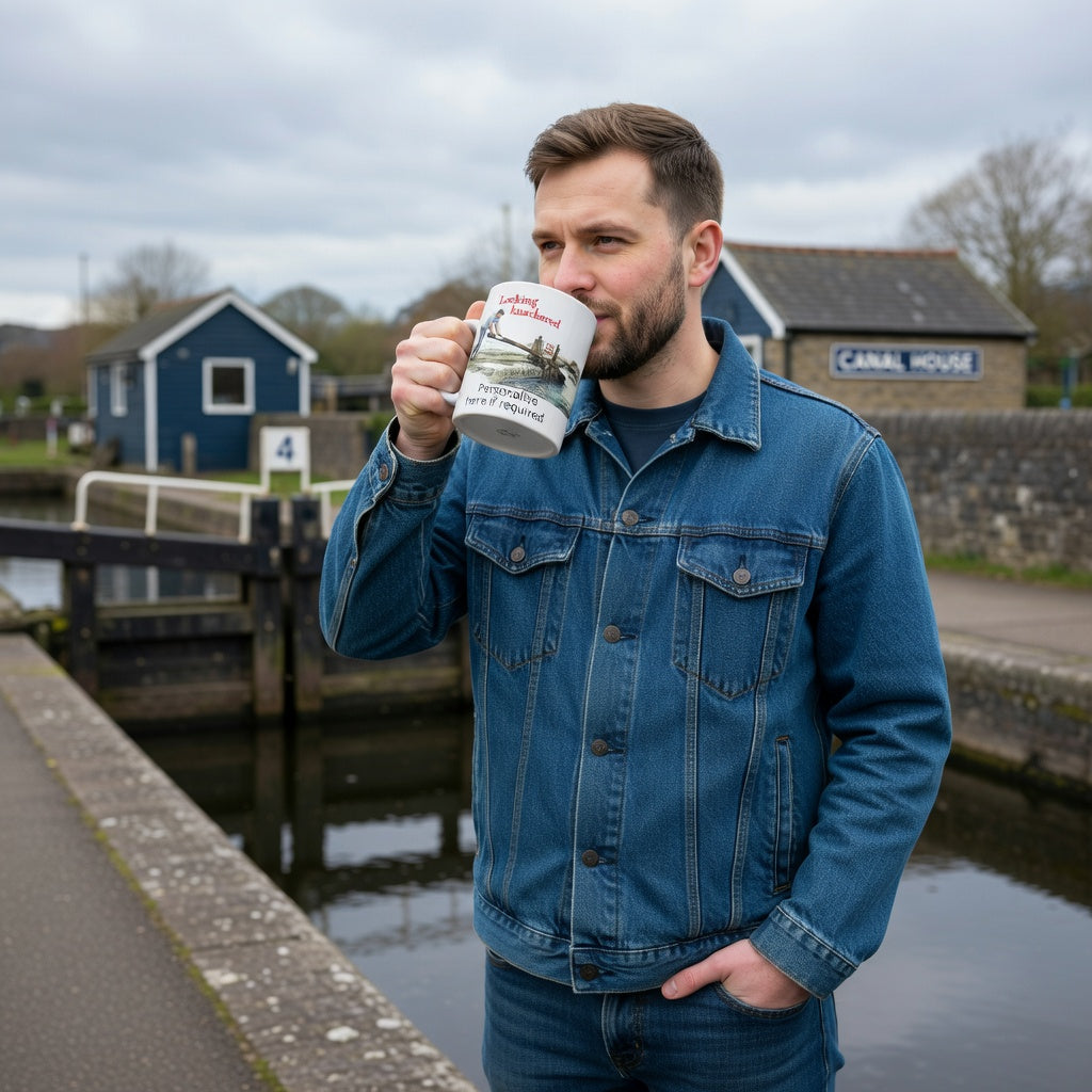 Man in a denim jacket drinking from a mug by a canal lock. with graphic locking knackered design 