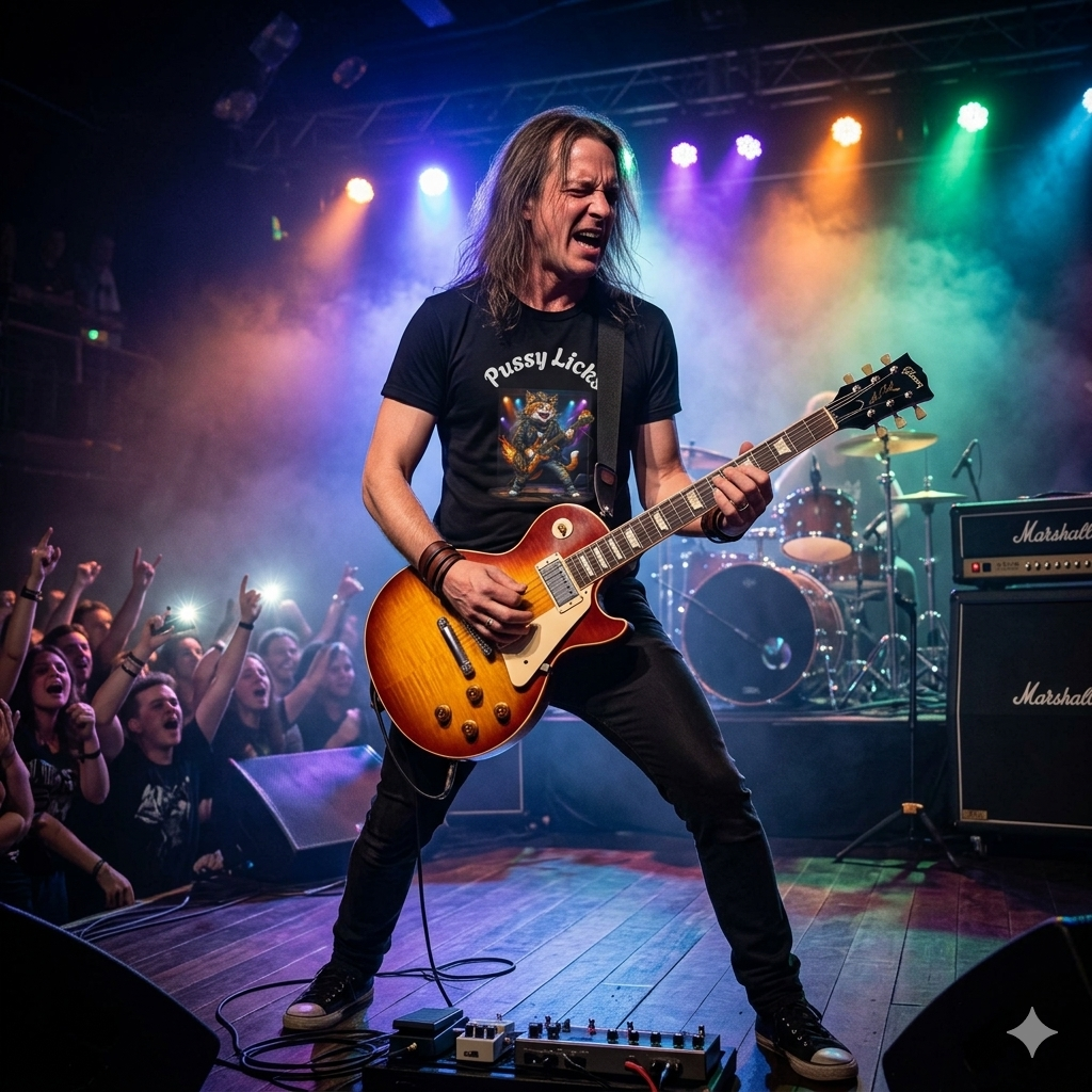 Man Musician playing guitar on stage with colourful lights and audience in the background wearing a cat guitarist t shirt with pussy licks graphic text 