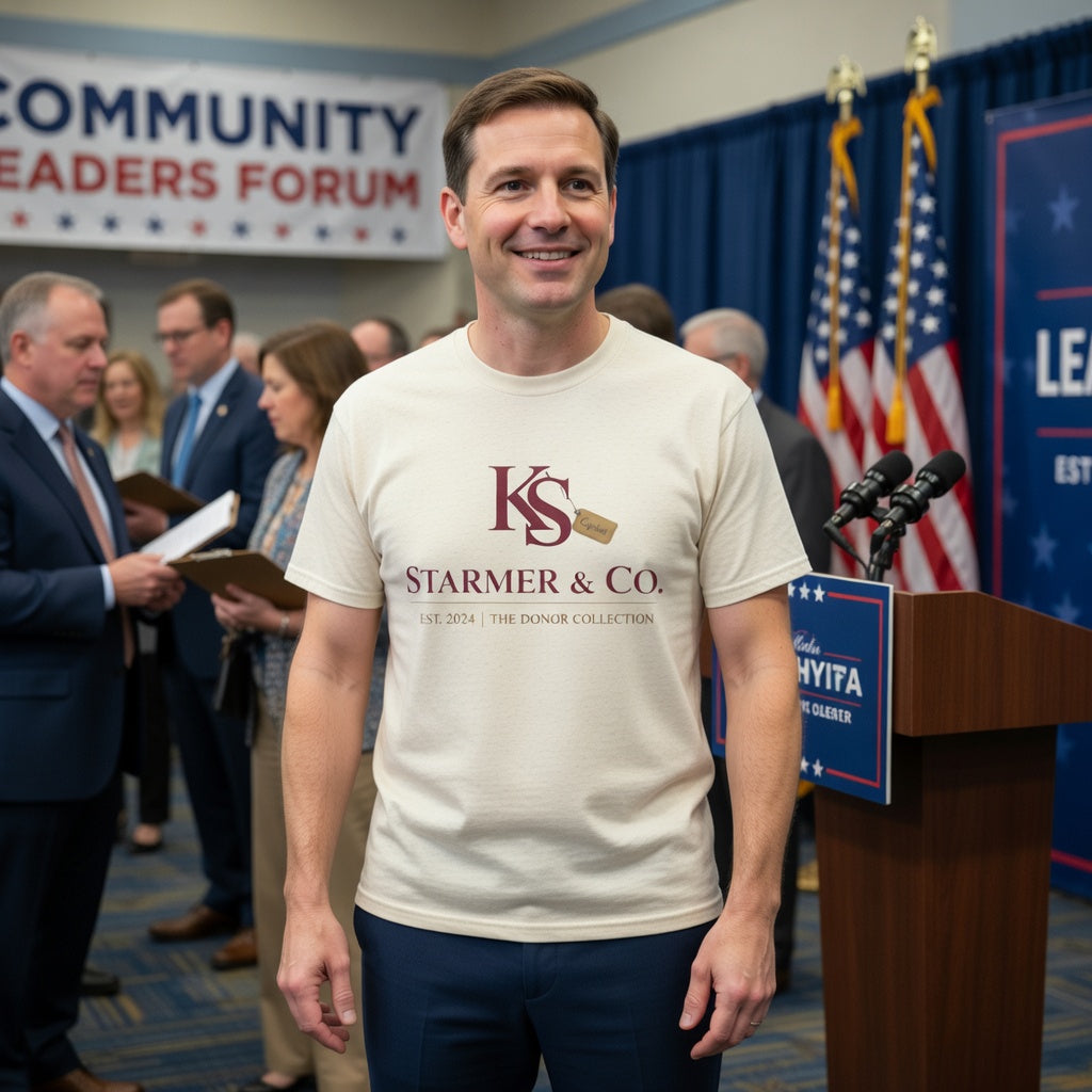Man wearing a 'Starmer & Co political satire.' t-shirt at a community leader forum event.