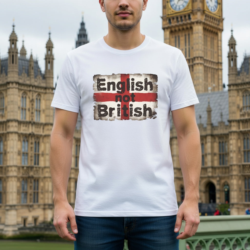 Person wearing a white t-shirt with 'English not British' text in front of the Palace of Westminster.