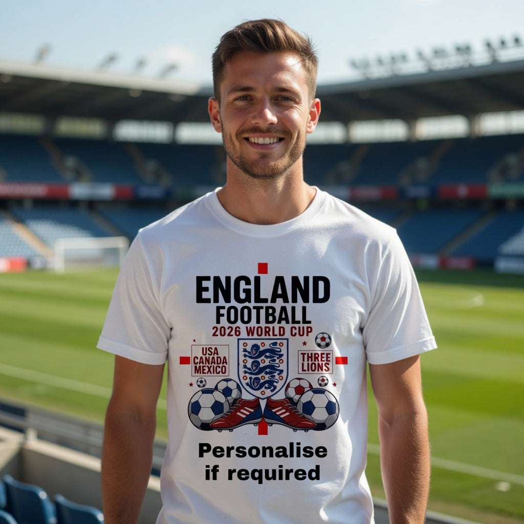 Man wearing a  personalised white t-shirt with England football 2026 World Cup branding on a stadium background
