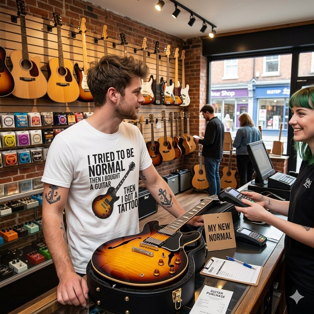 Man with guitar in a music store interacting with a staff member. Wearing a white Guitar & Tattoo Graphic T-Shirt — "I Tried to Be Normal Then I Bought a Guitar Then I Got a Tattoo" fat boris store