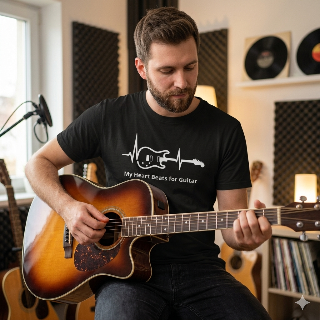 Man playing an acoustic guitar in a room with music equipment and records. Wearing a black t shirt with my heart beats for guitar graphic fat boris design