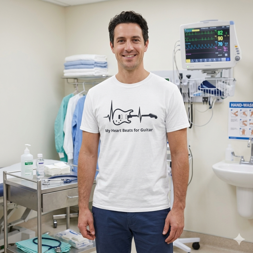 Man wearing a white t-shirt with a guitar design in a medical setting wearing a white t shirt graphic my heart beats for guitar, fat Boris design