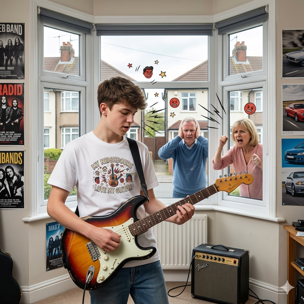 Teenager playing guitar in a room with a window, showing an older couple reacting outside. Wearing a white t shirt graphic my neighbours love my guitar