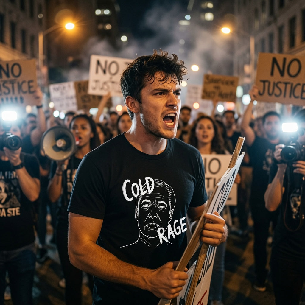 Protestor wearing a black t shirt with Nigel Farage image and 'Cold Rage'  text at a nighttime protest rally.