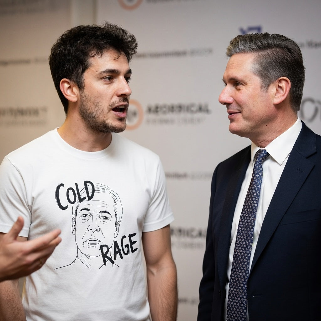 Protestor wearing a white t shirt with Nigel Farage image and 'Cold Rage'  text talking to kier starmer.