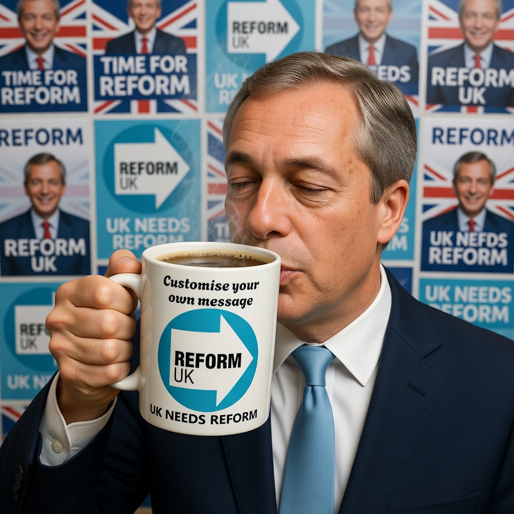 Nigel Farage holding a  custom personalised mug with UK needs reform' text in front of campaign posters, 