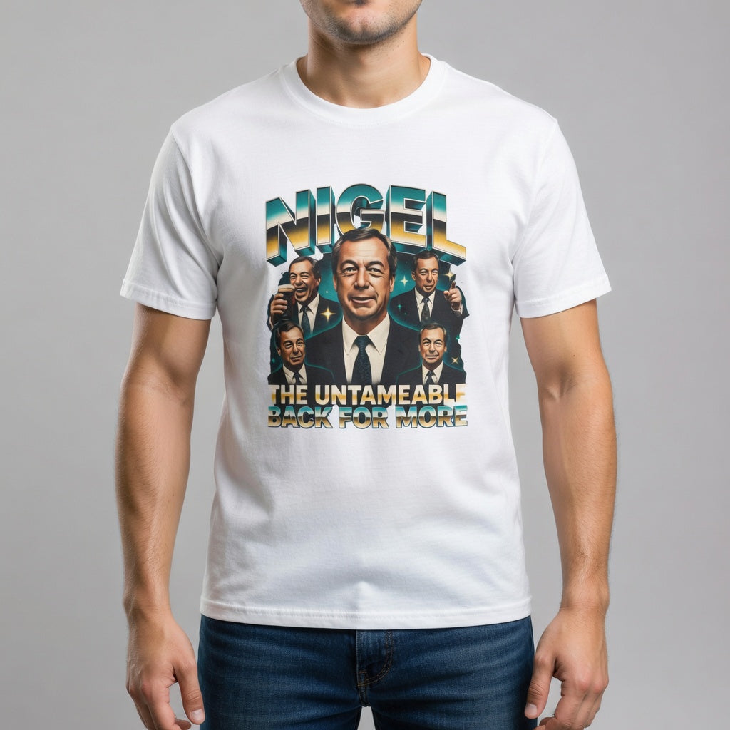 Person wearing a white t-shirt with a graphic design featuring a nigel farage and text on a gray background