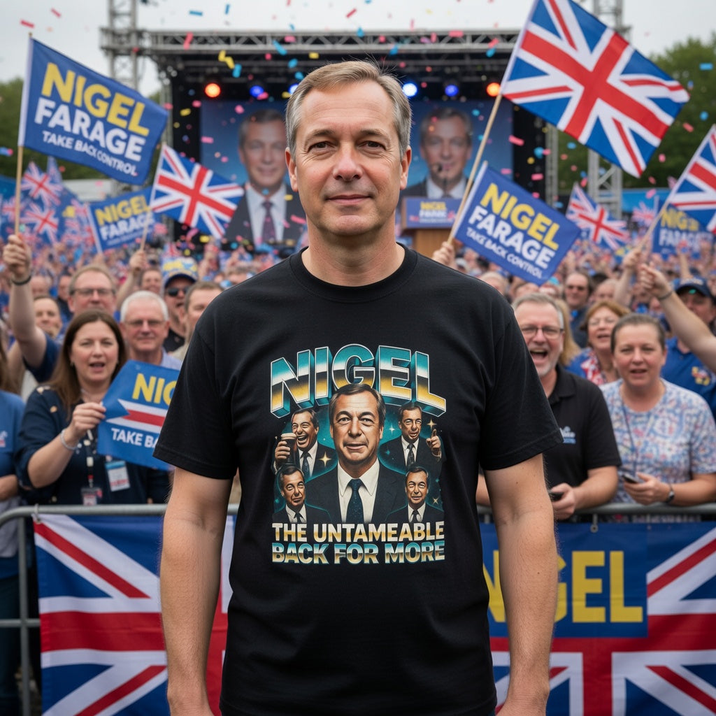 Man wearing a t-shirt with Nigel Farage's face and text, Nigel the untameable surrounded by people holding flags and posters.