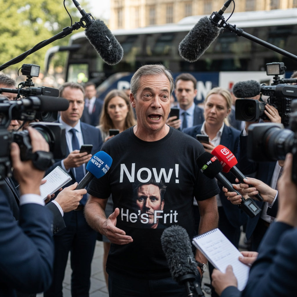 Nigel Farage  in black t-shirt with 'Now! He's Frit'  and kier starmer image text surrounded by reporters and cameras outdoors.