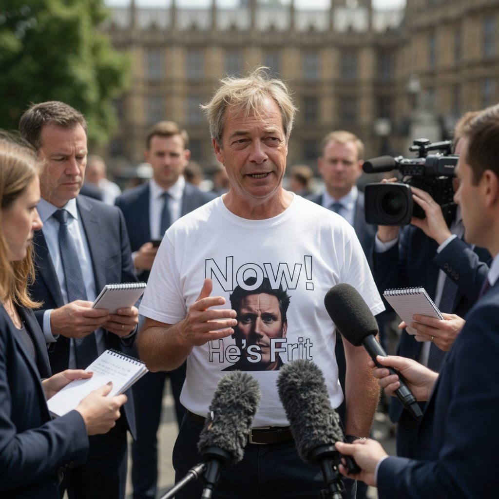 Nigel Farage in a white t-shirt with a printed message he's frit now  with kier Starmer graphic surrounded by reporters and cameras outdoors.