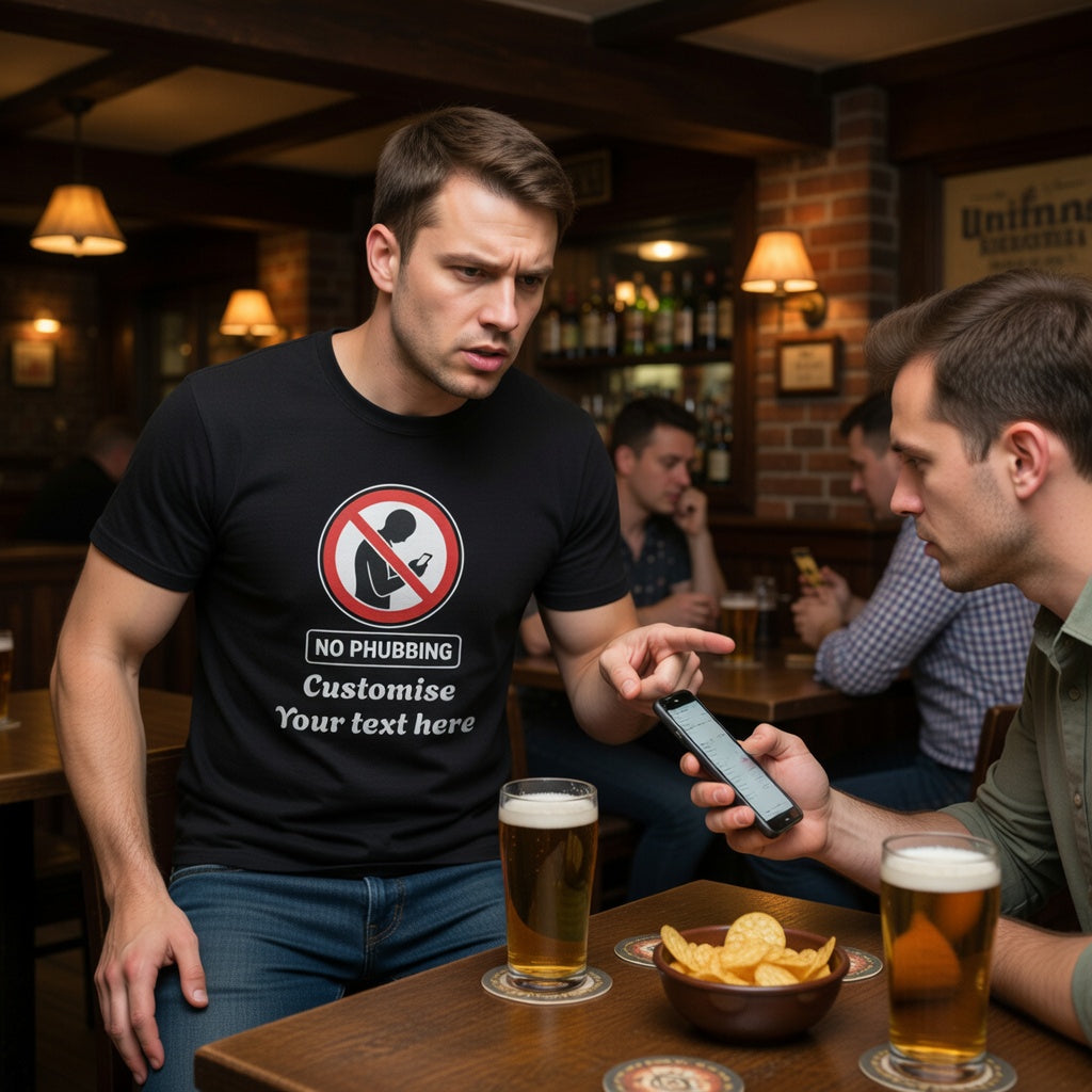 Two men in a bar with one wearing a black t-shirt with a humorous no phubbing graphic  design.
