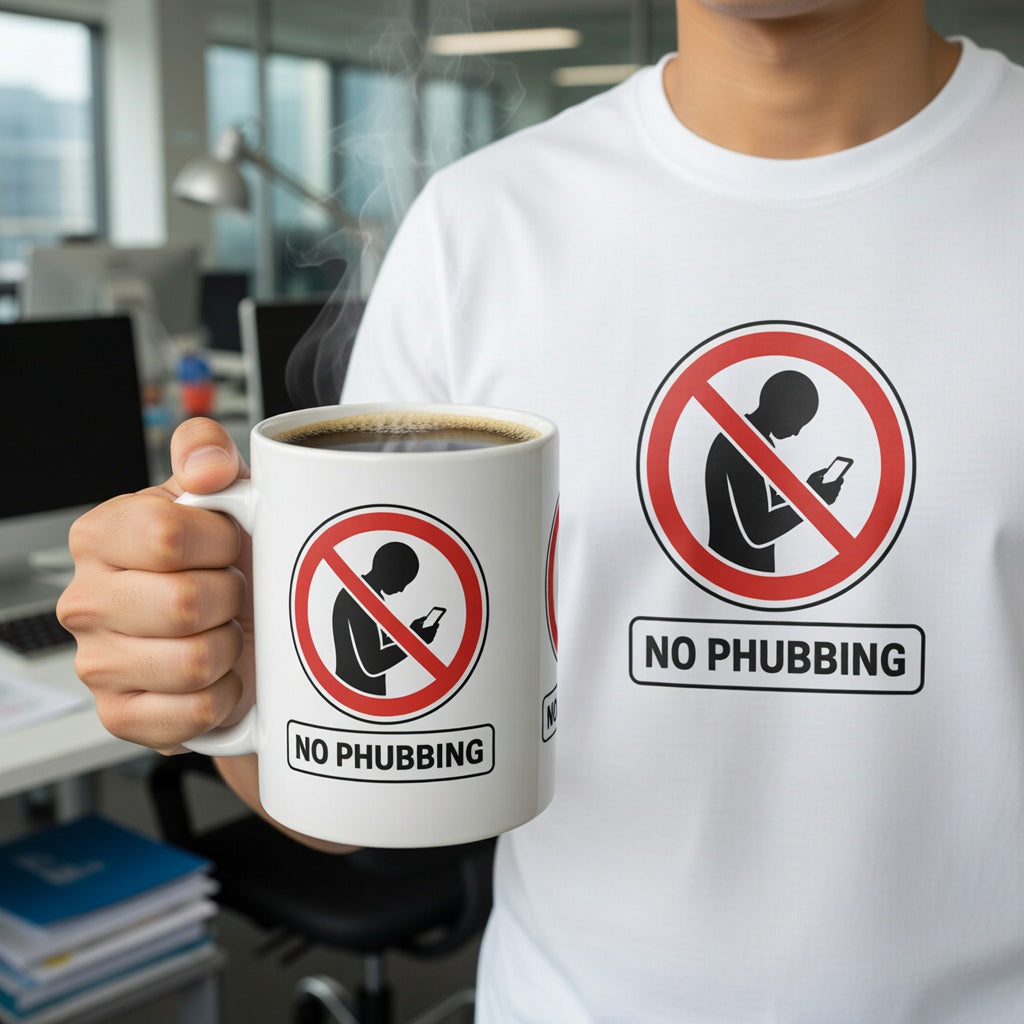 Person wearing a white t-shirt with 'No Phubbing' design, holding a mug with similar design.