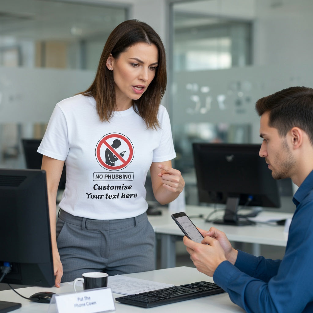 Woman wearing a t-shirt with a no phubbing sign in an office setting
