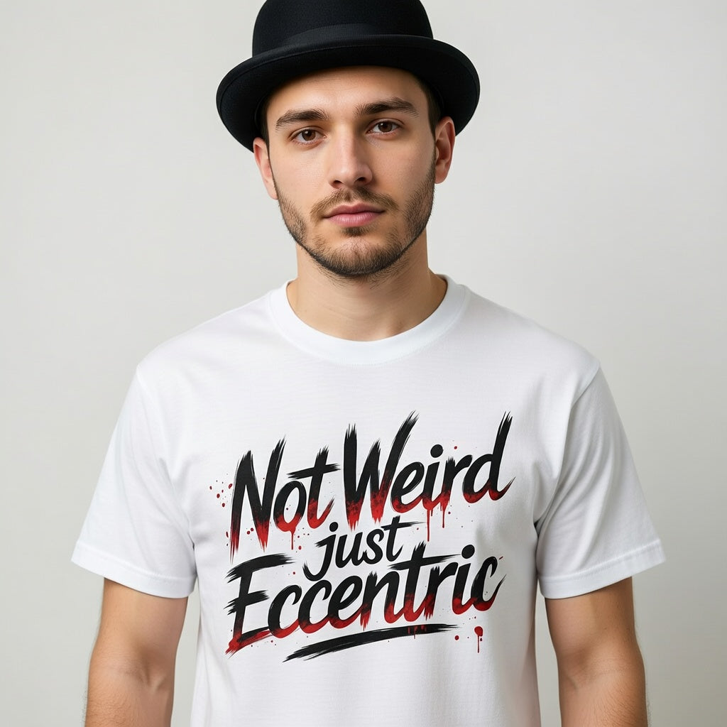 Man with bowler hat on  wearing a white t-shirt with 'Not Weird just Eccentric' text on a plain background
