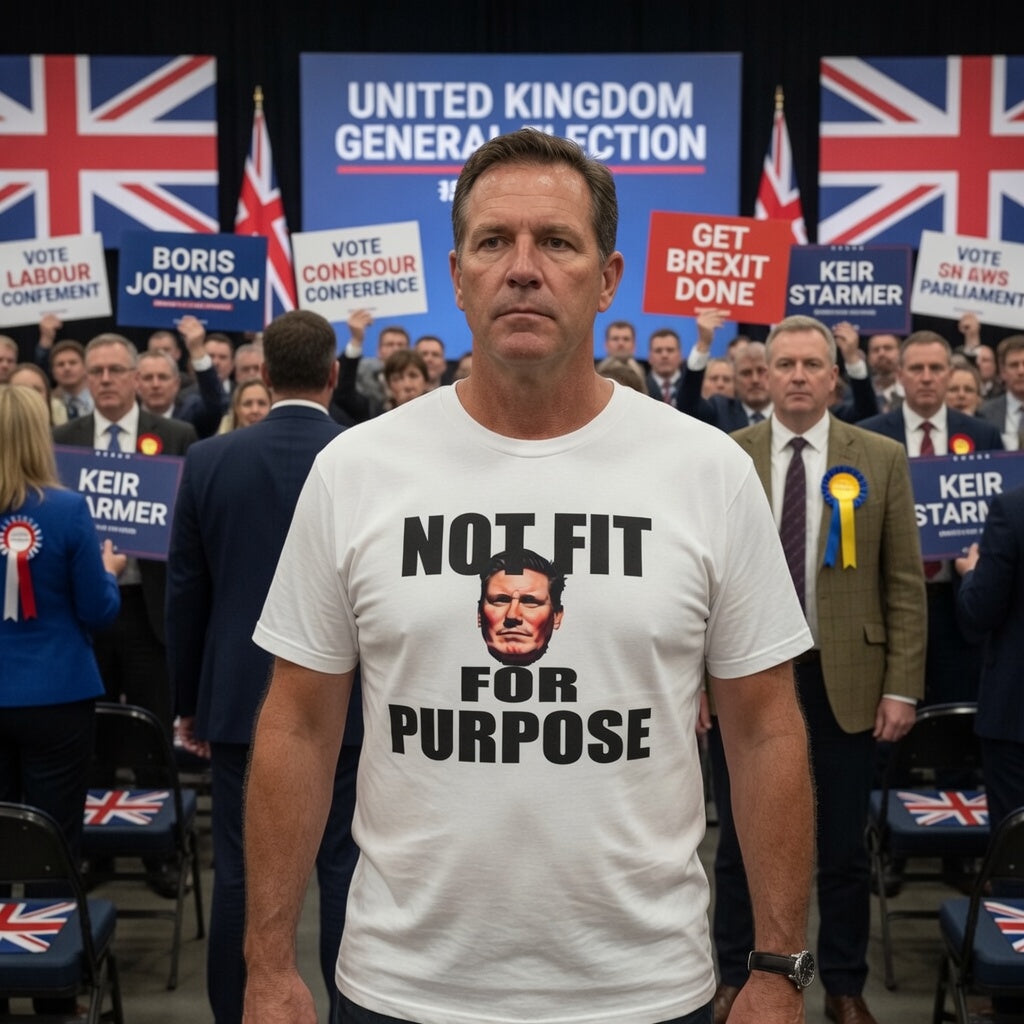 Man wearing a t-shirt with a political message not fit for purpose kier Starmer protest  at a UK general election event.