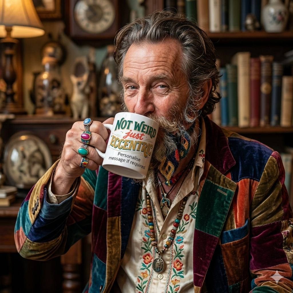 Man in a colourful jacket holding a customised mug with text not weird just eccentric  in a room filled with books and decorative items.