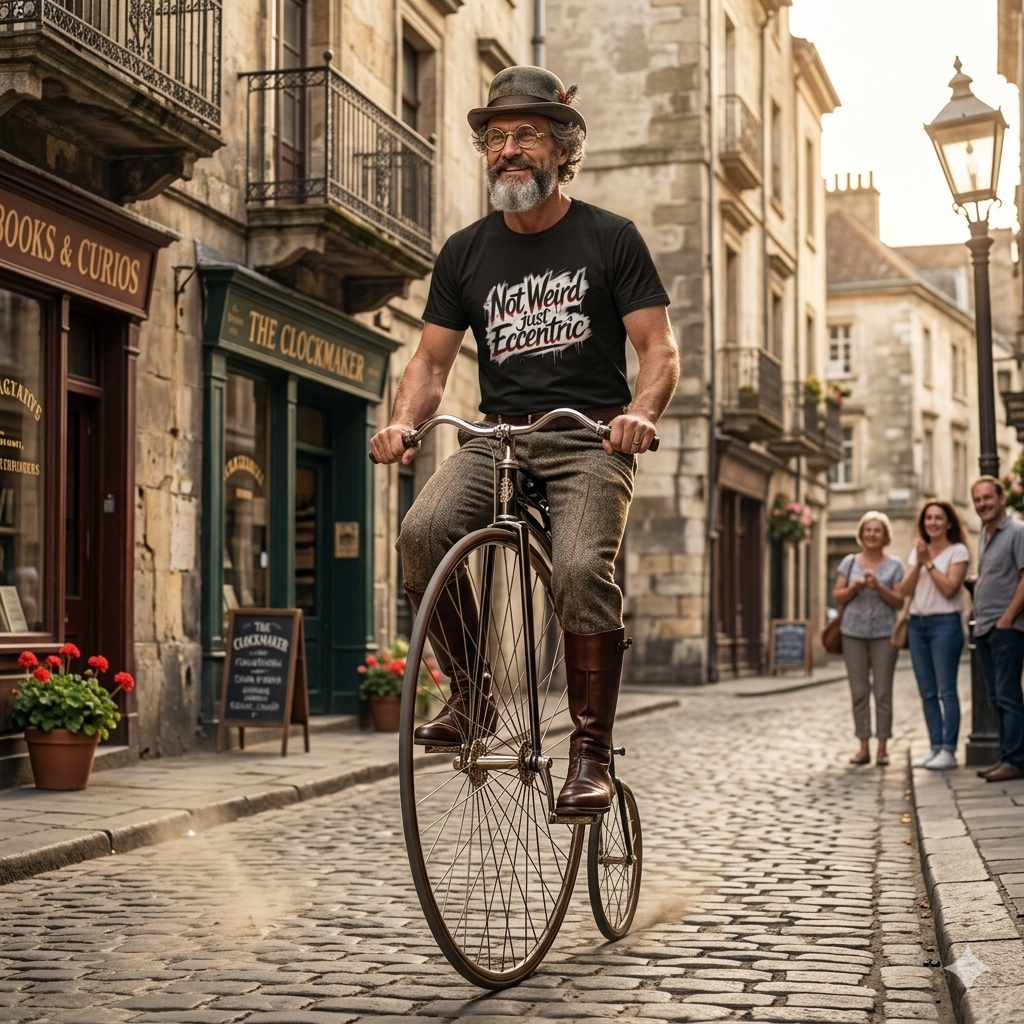Man riding a vintage  penny-farthing bicycle on a cobblestone street with old buildings and people in the background. Wearing a t shirt with text not weird just eccentric graphic